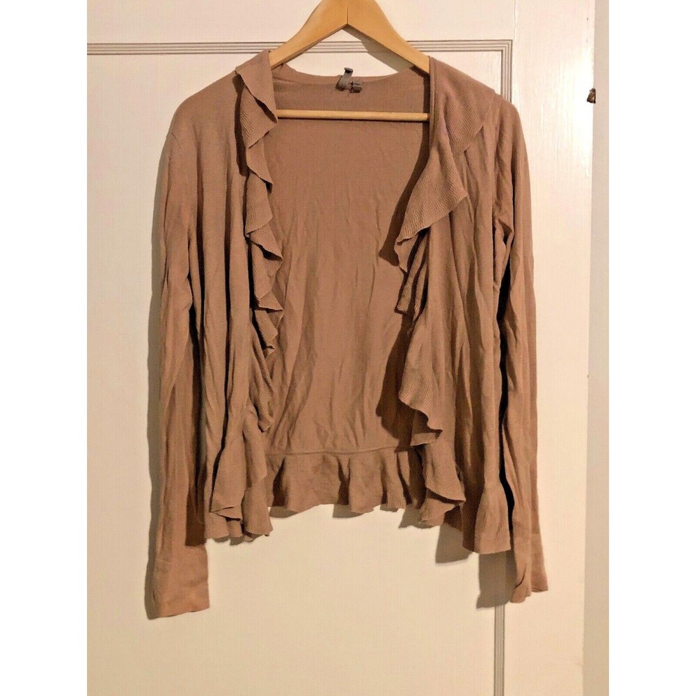 Nordstrom Caslon Ruffle Long Sleeve Tan Brown Cardigan Sweater Sz M